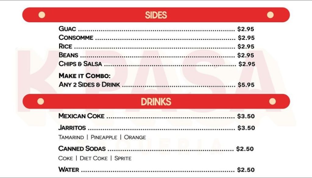 K Pasa Menu